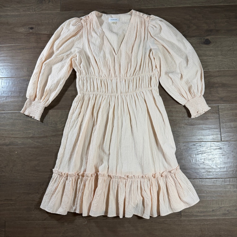 Calvin Klein Womens Peach Seersucker Smocked Waist Ruffle Hem Dress Size 6